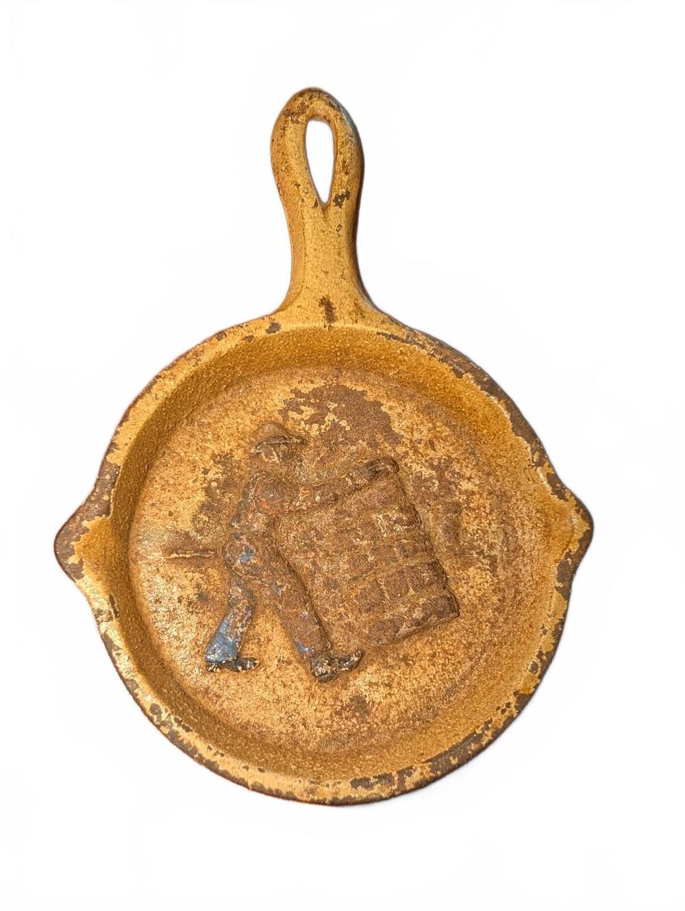 Vintage Miniature Cast Iron Skillet with Worker Design